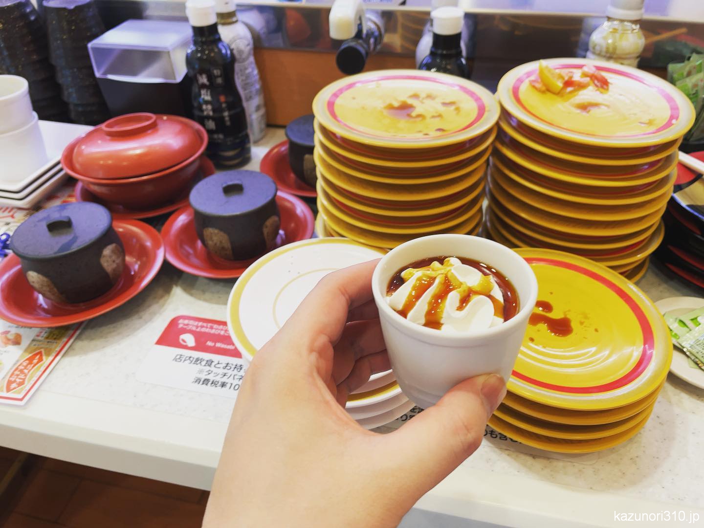 #かっぱ寿司 #食べ放題 35皿(一貫皿で枚数稼ぐ) プリン3個、イチゴアイス、茶碗蒸し3個、味噌汁